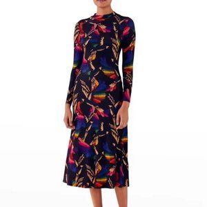 FARM Rio Black Macaws Flight Jersey Midi Dress Stretch Womens Size Medium